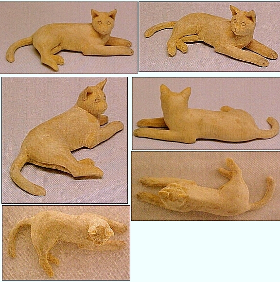 hand carved wood unpainted cats