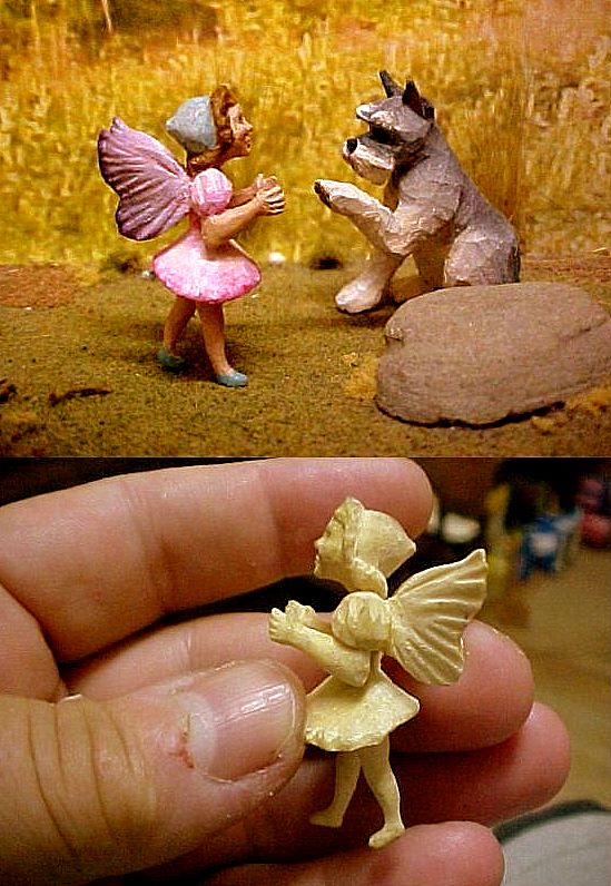 hand carved wood miniature girl fairy with schnauzer