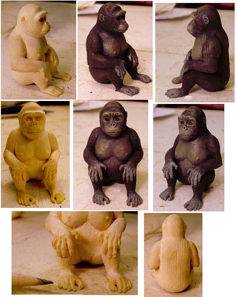 Hand carved wood gorilla in 1:24 scale