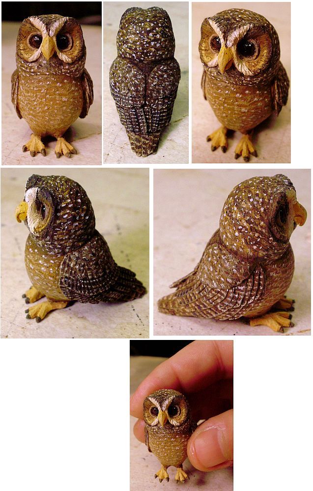 Hand carved wood spotted owl in 1:12 scale
