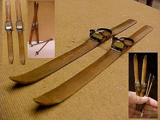Hand carved wood vintage skis with working bootbindings 1:12 scale dollhouse miniature